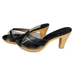 Hawaiian Vintage Clear Acrylic Black Wood Slip On High Heel‎ Sandals Retro Chic